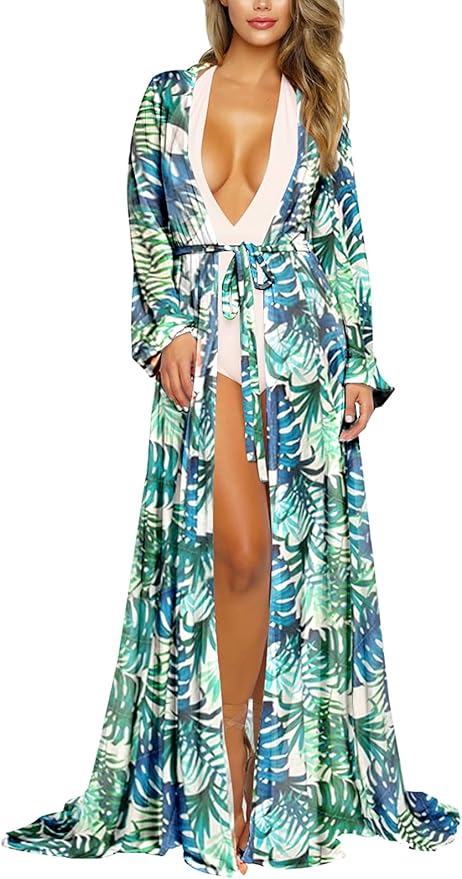 Pink Queen Women's Long Sleeve Flowy Maxi Swimsuit Cover Up