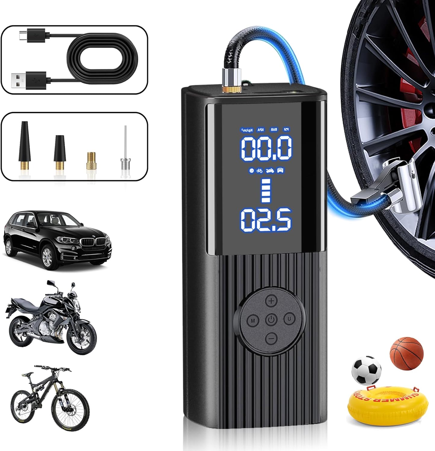 Fast Inflation Portable Air Compressor - 180psi LCD Display