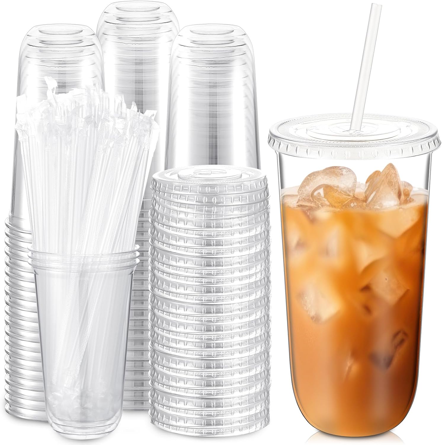 100 Sets Clear Plastic Cups with Lids and Straws for Drinks