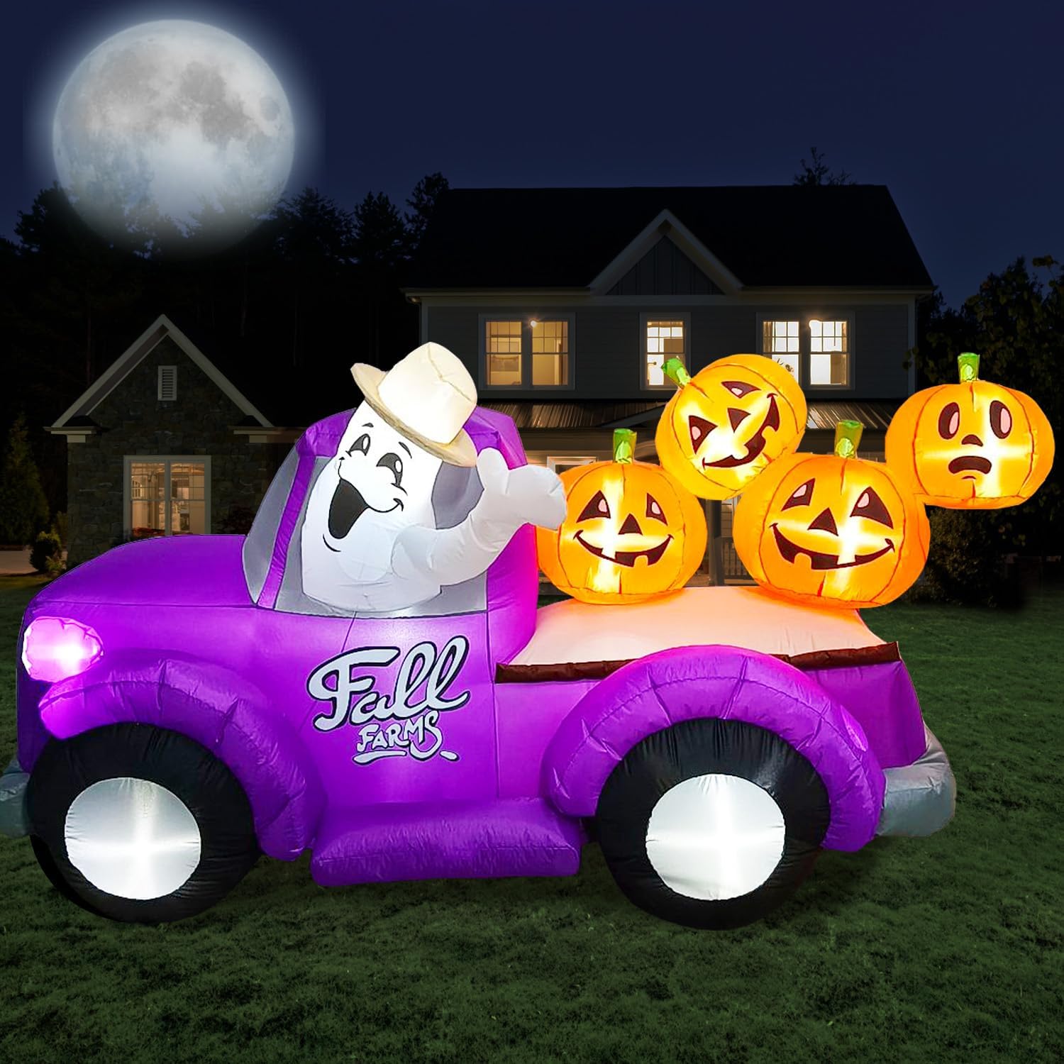 7.5FT Halloween Inflatable Hayride Truck with Ghost & Pumpkins