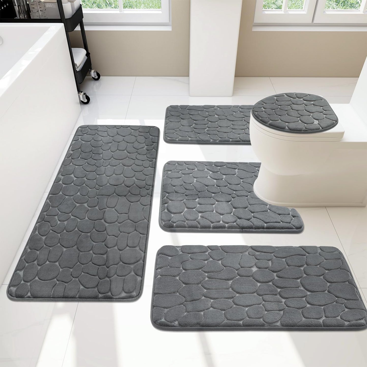 YIHOUSE 5 Piece Cobblestone Memory Foam Bath Mats for Comfort