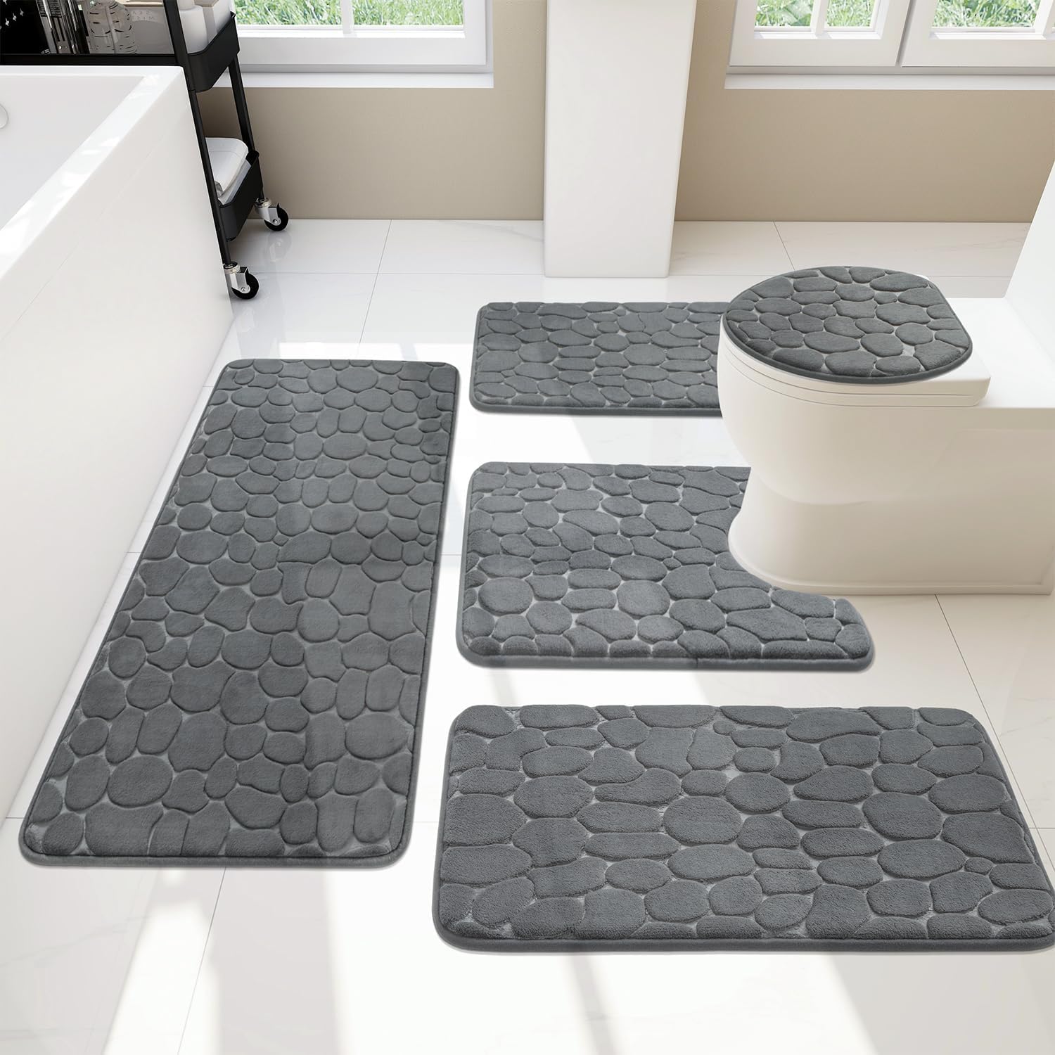 YIHOUSE 5 Piece Cobblestone Memory Foam Bath Mats for Comfort