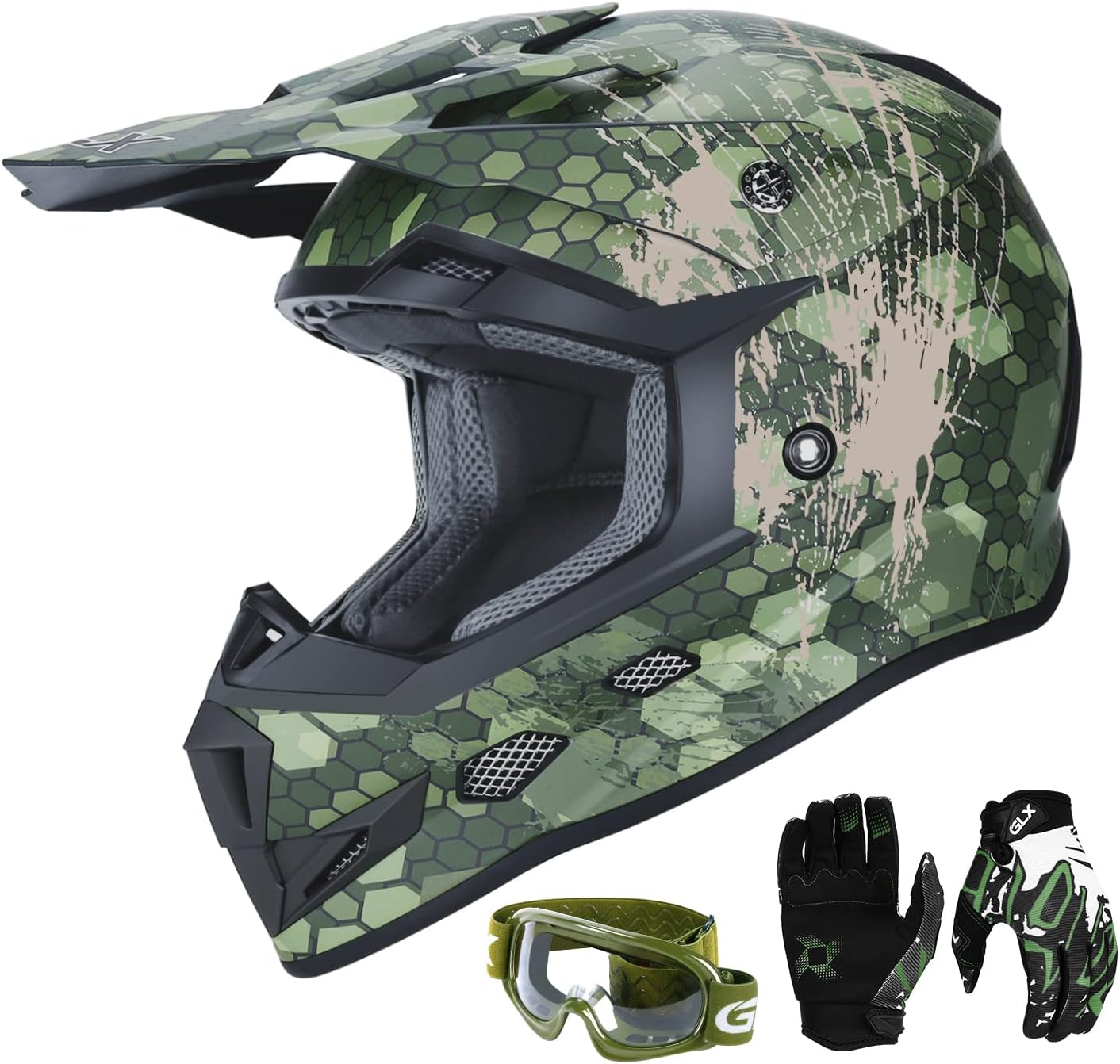GLX GX623 Youth ATV/Dirt Bike Helmet Combo - Camo, X-Large