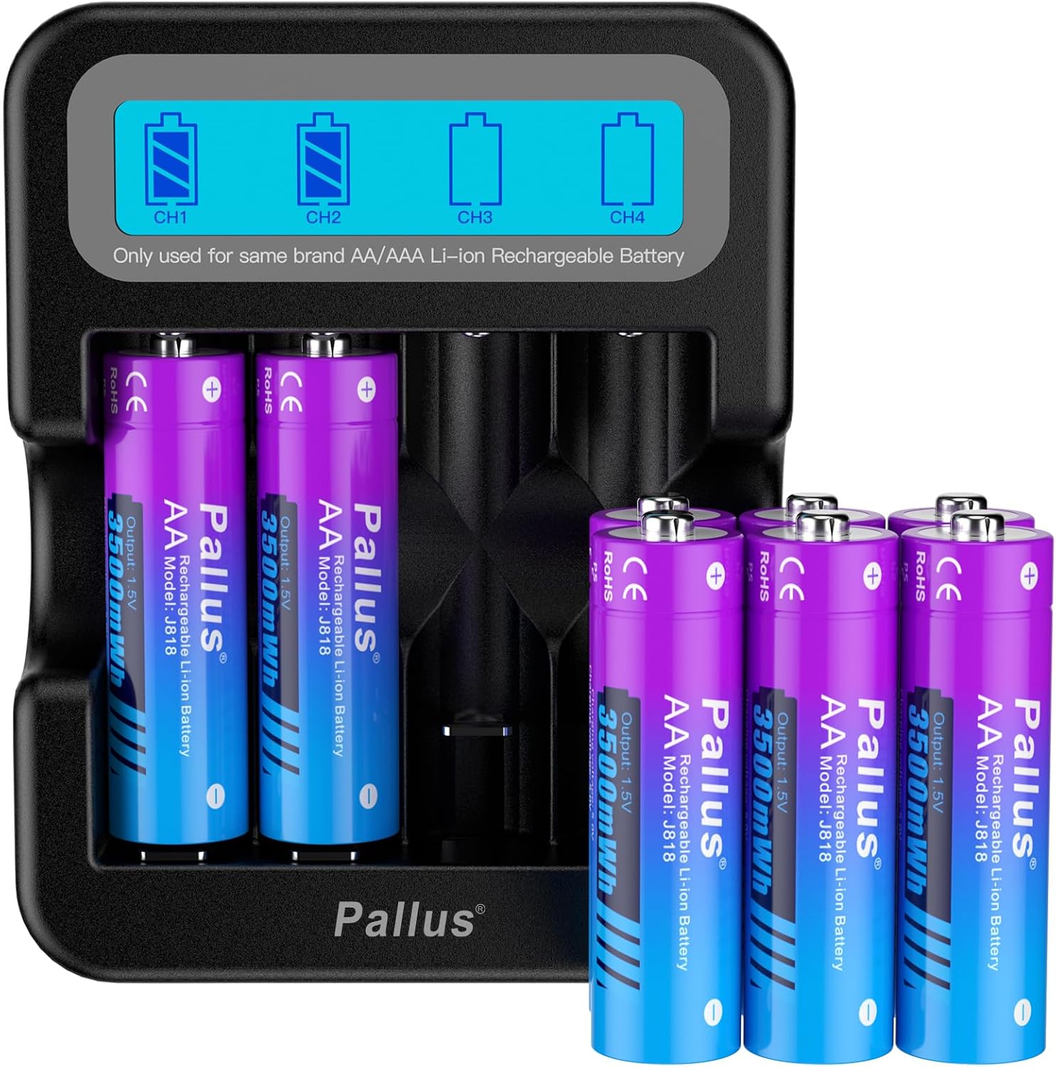 Pallus 1.5V Rechargeable AA Batteries with LCD Charger - 8-Pack