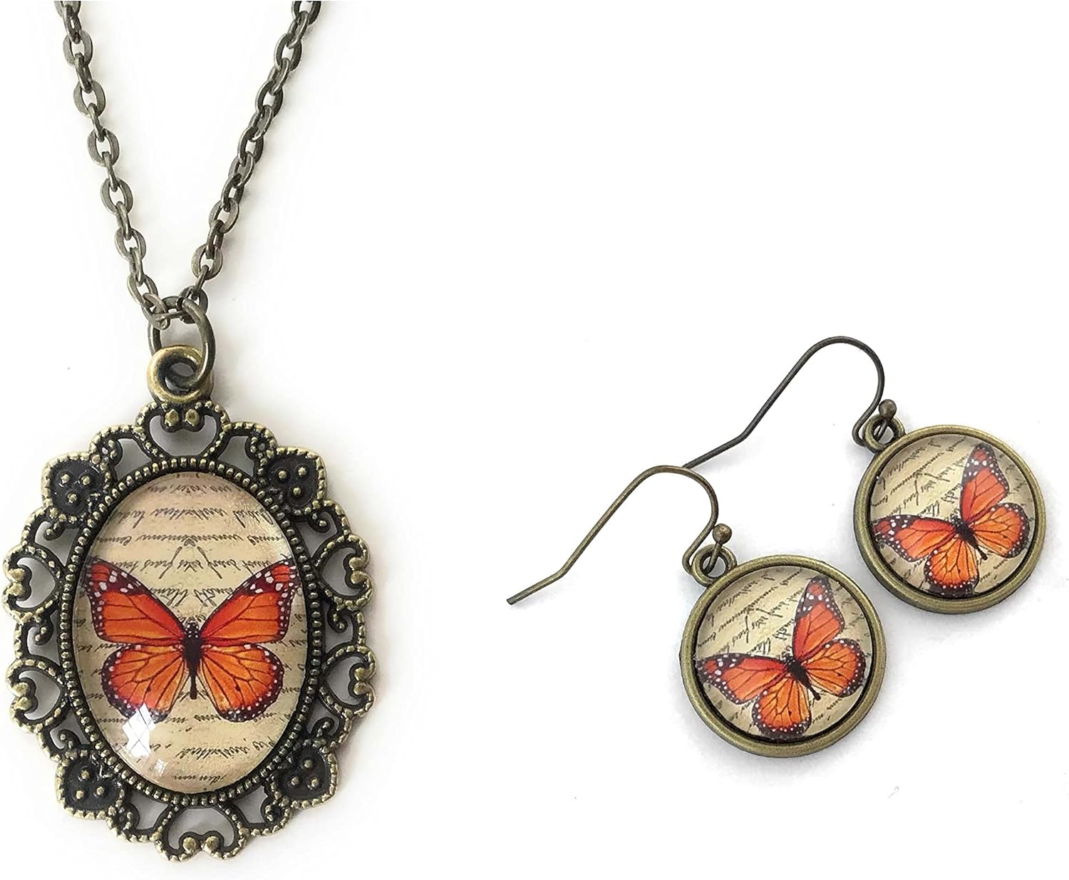 Monarch Butterfly Necklace and Earring Set for Women - Orange