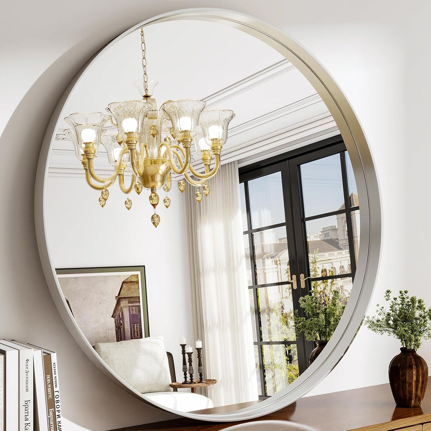 36 Inch Round Bathroom Mirror with Metal Frame for Modern Decor