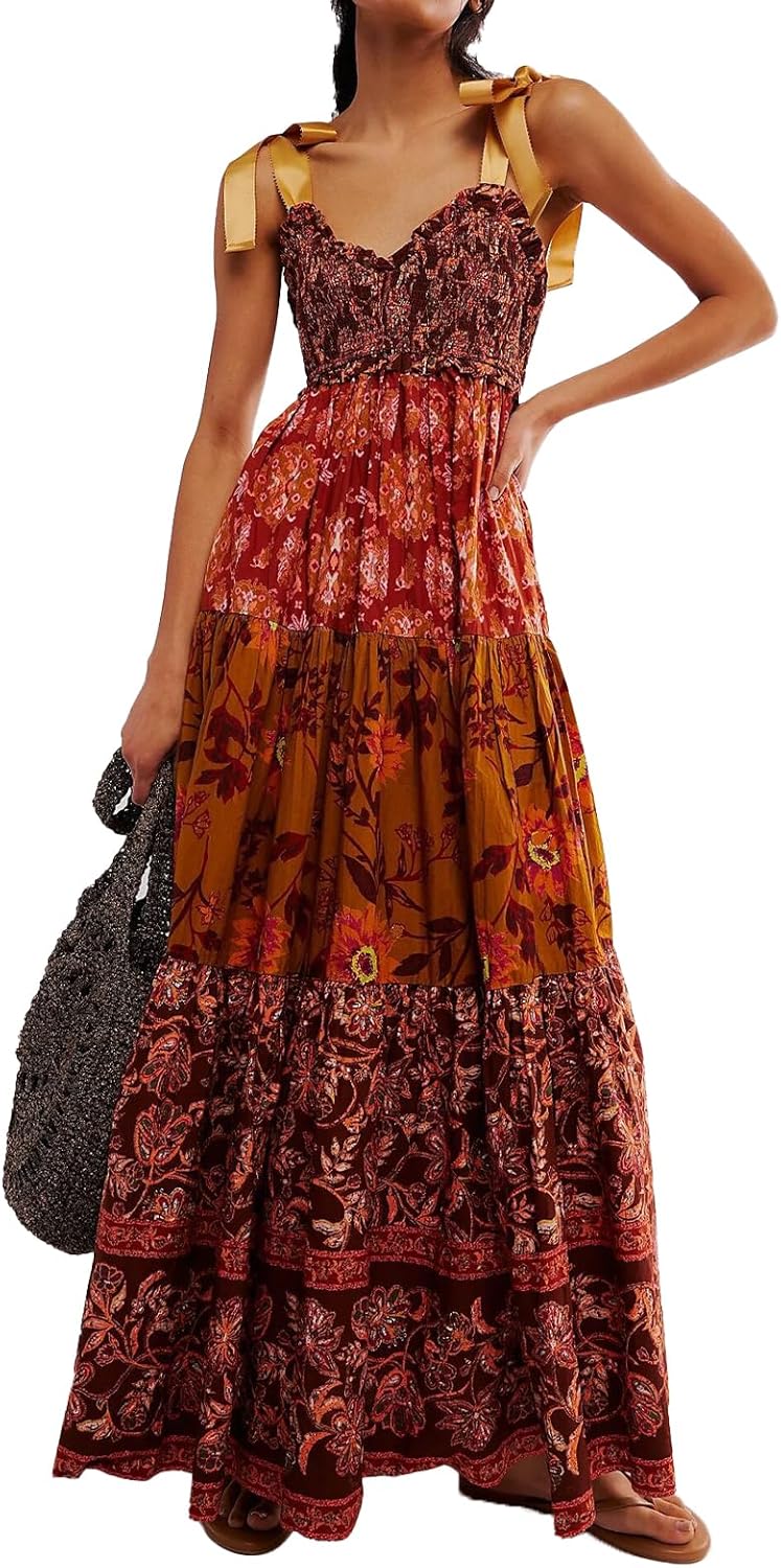 Women Floral Maxi Dress Sleeveless Tie Shoulder Bohemian Style