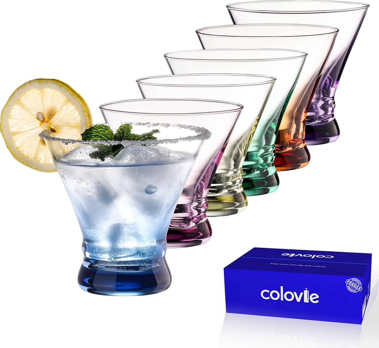 ColoVie 8oz Stemless Martini Set - Colorful Cocktail Glassware