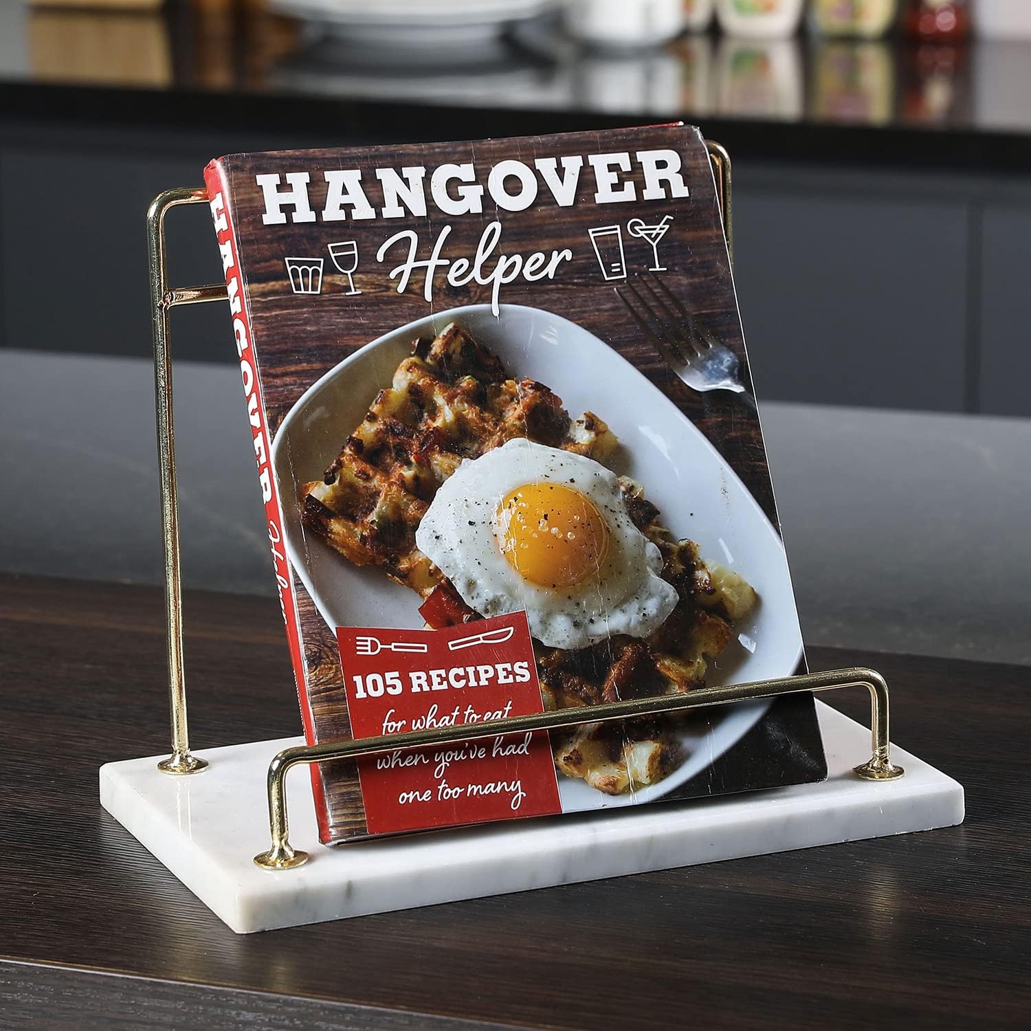 Modern Marble Cookbook Stand with Brass Tone Metal Rail