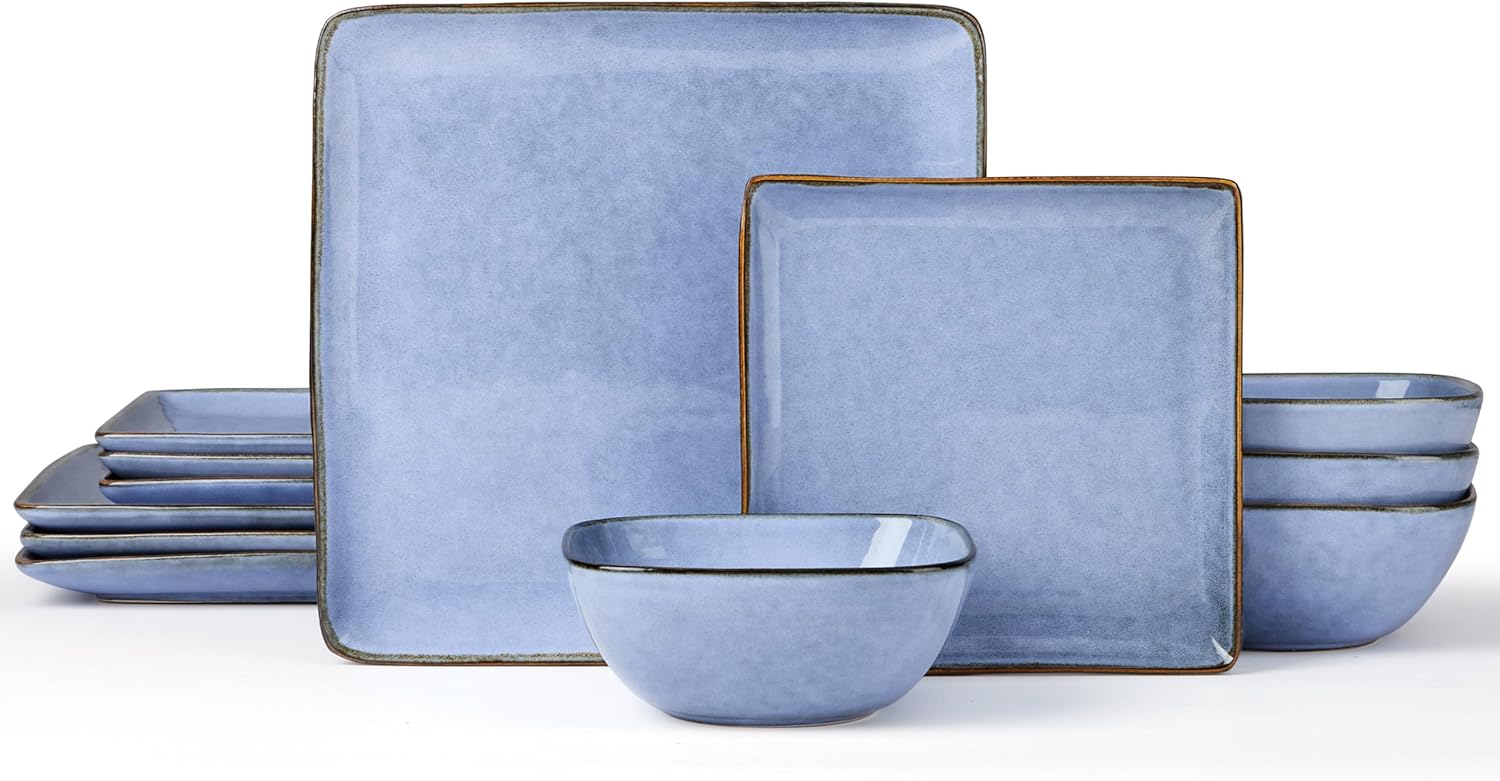 E-far Square Plates and Bowls Set, 12-Piece Dinnerware Set