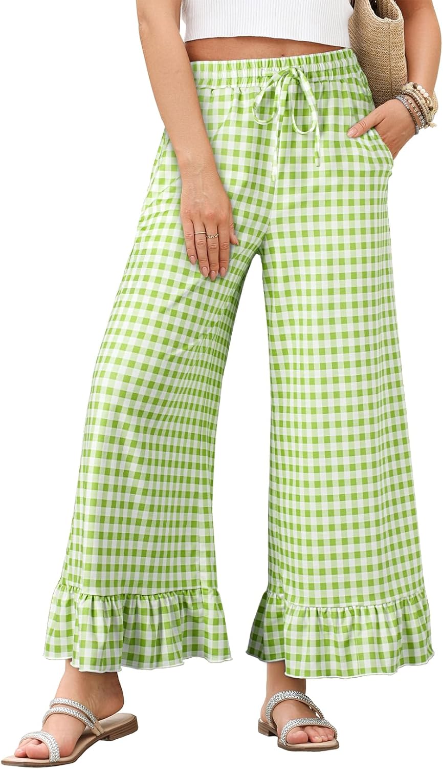 EVALESS Womens Wide Leg Palazzo Pants with Ruffle Hem and Pockets