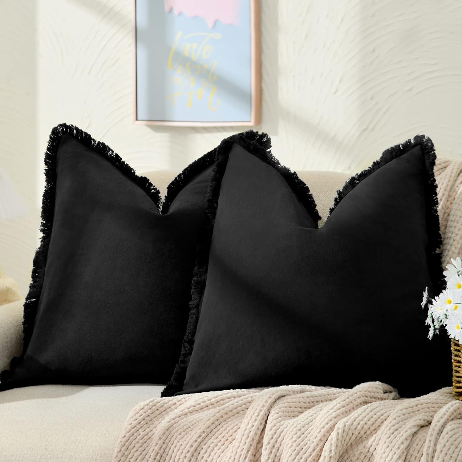 ZWJD 24x24 Black Throw Pillow Covers with Chic Fringe Design
