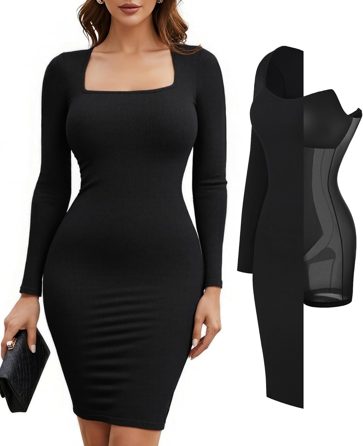 Popilush Long Sleeve Midi Bodycon Dress with Tummy Control
