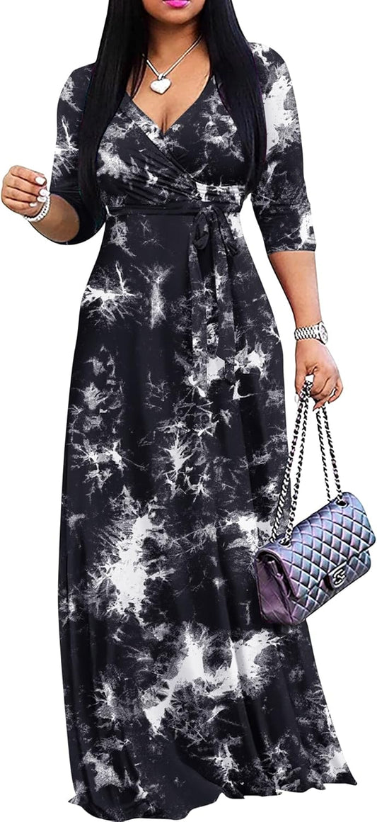 FANDEE Women's Maxi Dress - Bohemian Summer Long V-Neck Style