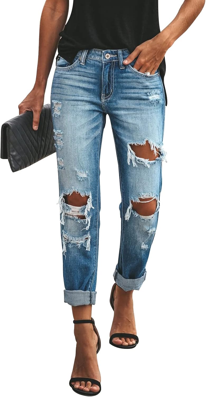 KUNMI Women's Ripped Boyfriend Jeans for Trendy Casual Style
