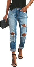 KUNMI Womens Ripped Mid Waisted Boyfriend Jeans - Relaxed Fit