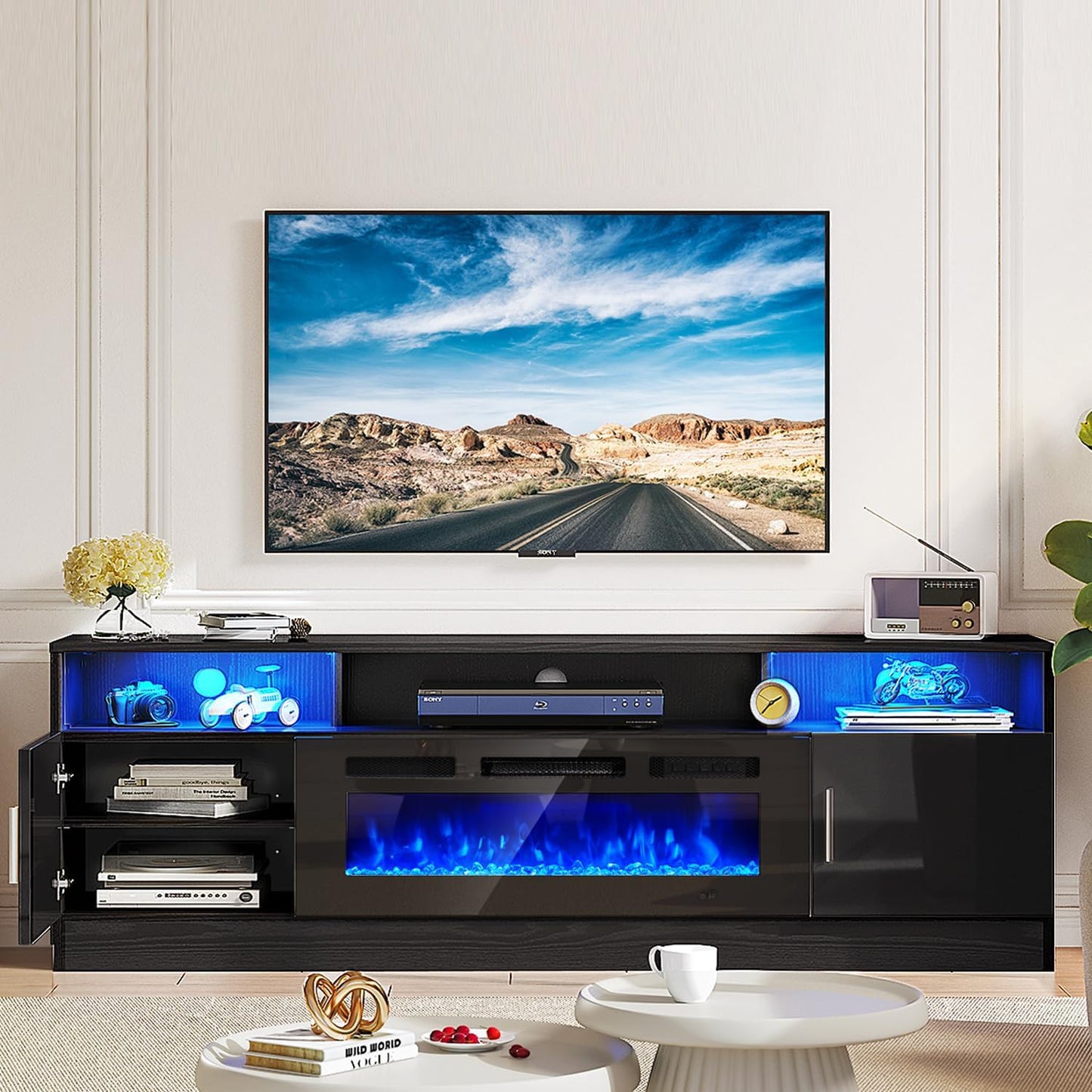 Modern 70 Fireplace TV Stand with LED Lights