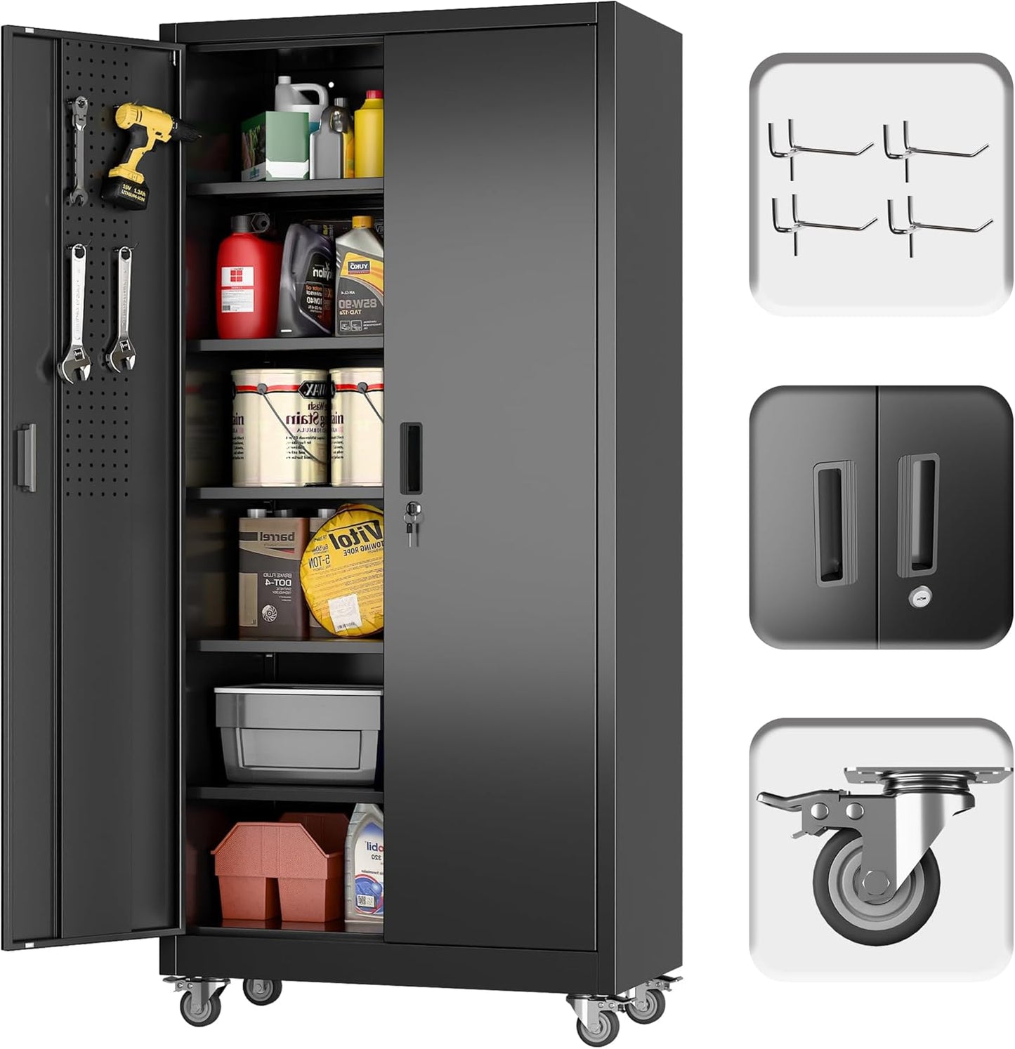 Metal Storage Cabinet with Adjustable Shelves and Pegboard Design