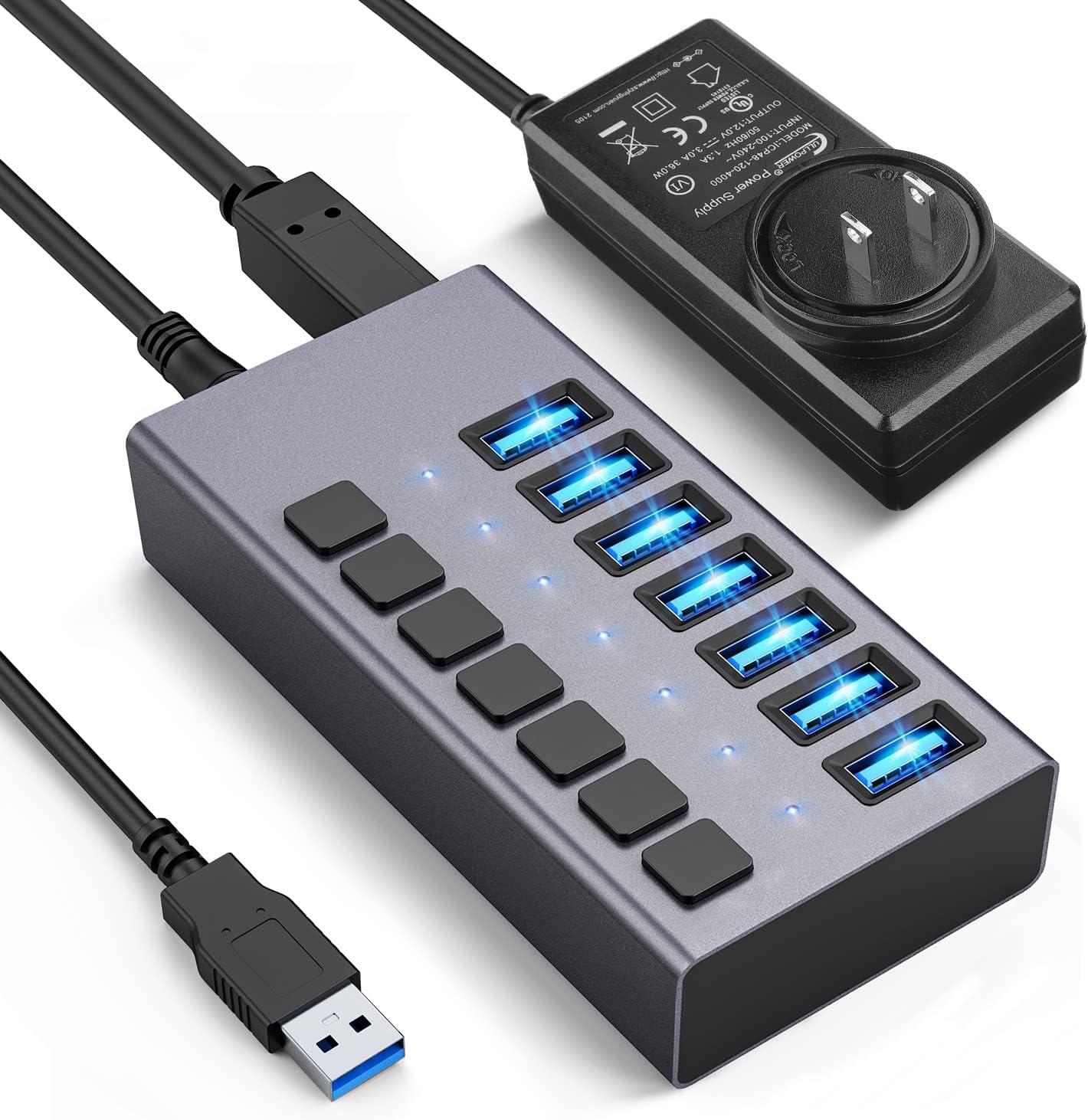 36W Powered USB Hub - 7 Ports USB 3.0 Data Hub with Switches