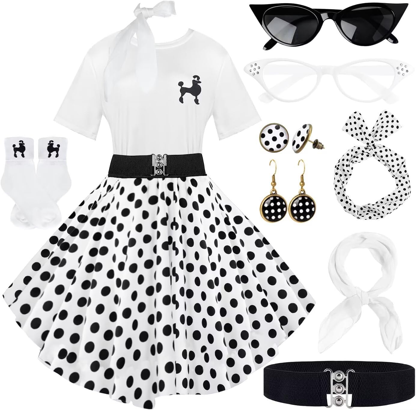 10Pcs Sock Hop Outfits Women with 1950s Poodle Skirts and More