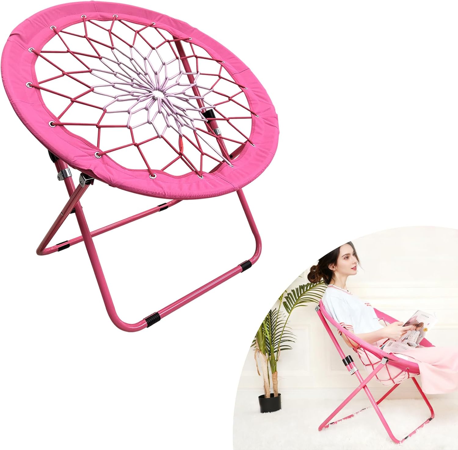 Bungee Folding Dish Chair for Relaxation and Fun in Pink