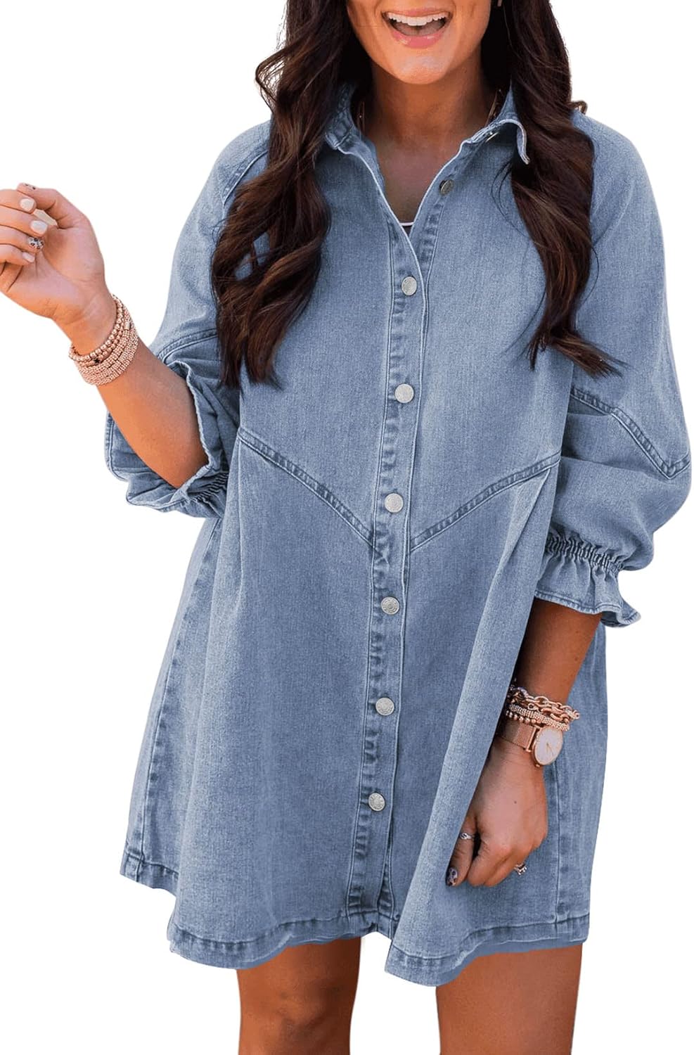 Stylish Sidefeel Womens Smocked Denim Jeans Mini Dress for Summer