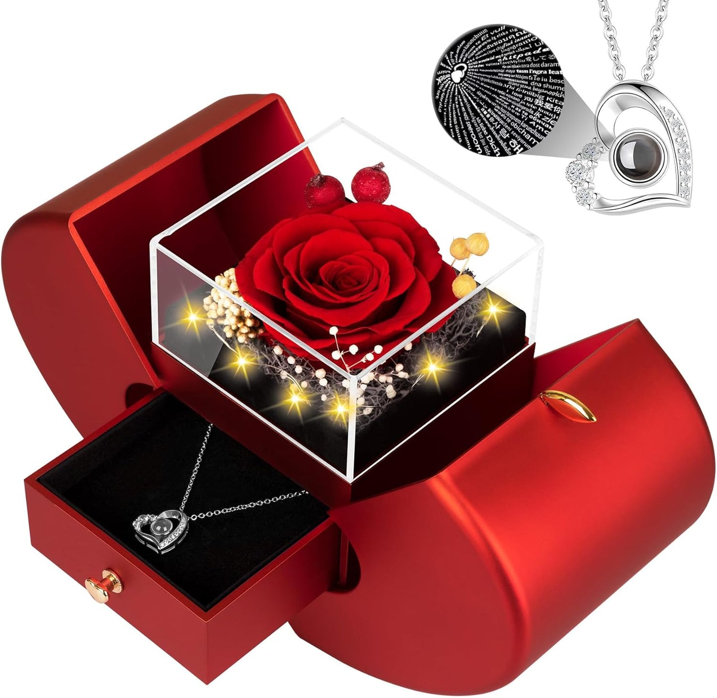 Preserved Red Real Rose with I Love You Necklace Gift Set