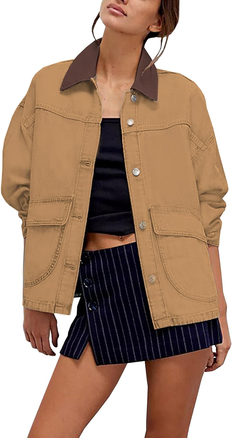 Oversized Denim Jacket for Women with Contrast Trim and Pockets