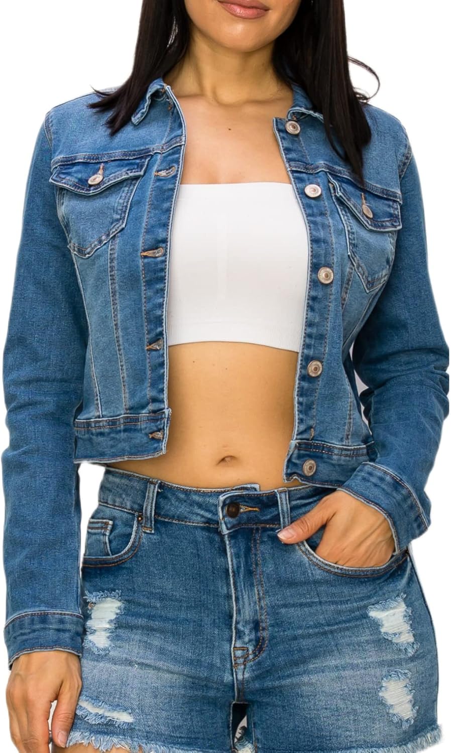 Denim Jean Jacket For Women Button Up Long Sleeve Stone Washed