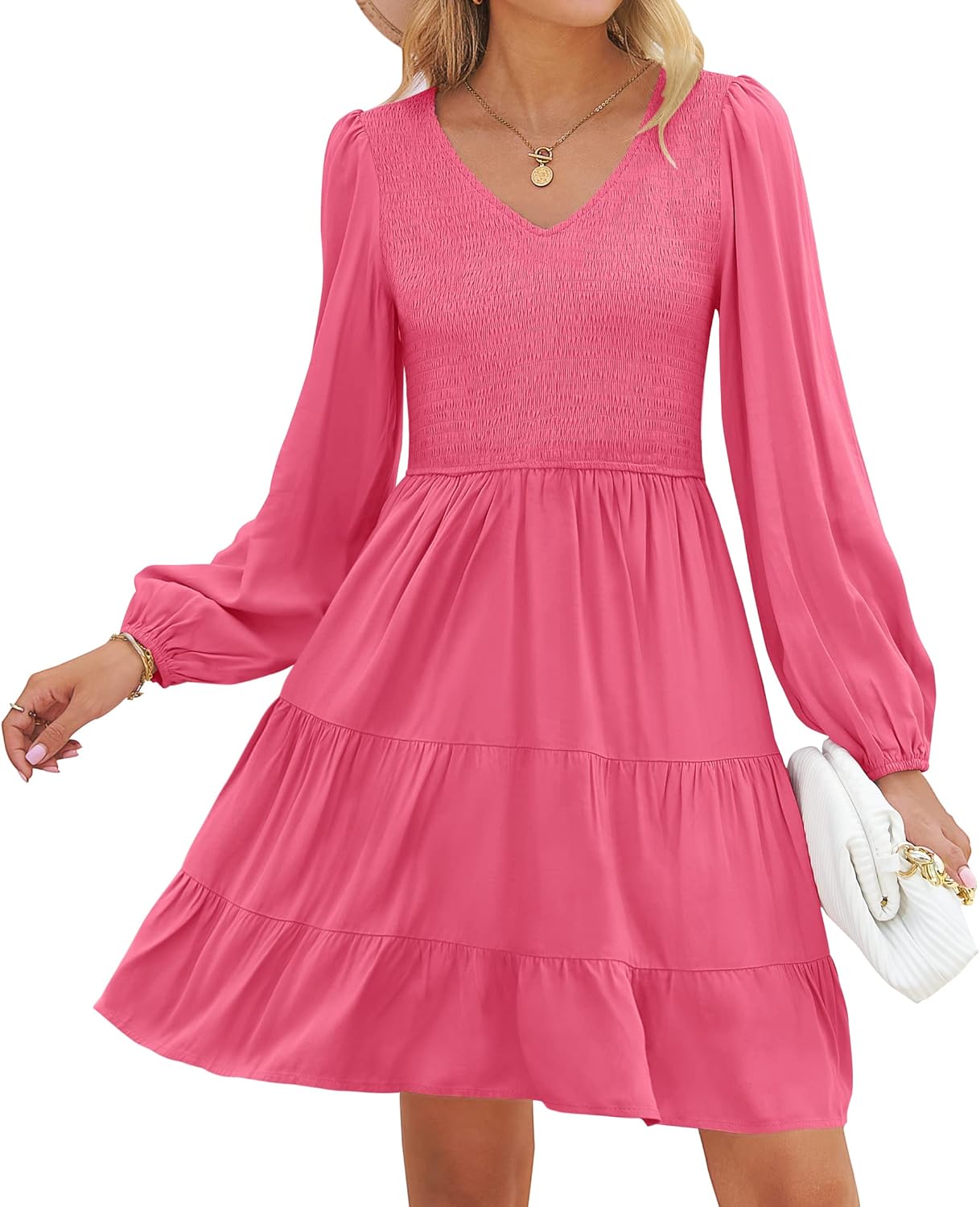 ZESICA Women's Casual V Neck Long Sleeve Ruffle Mini Dress