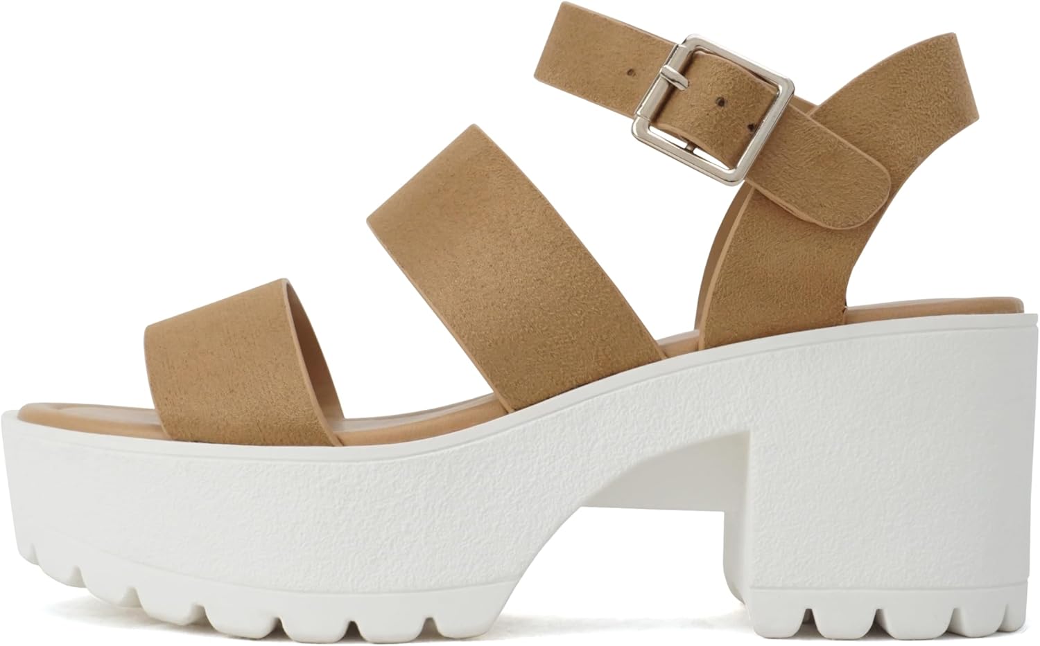 Soda Women Open Toe Two Bands Lug Sole Block Heel Sandals