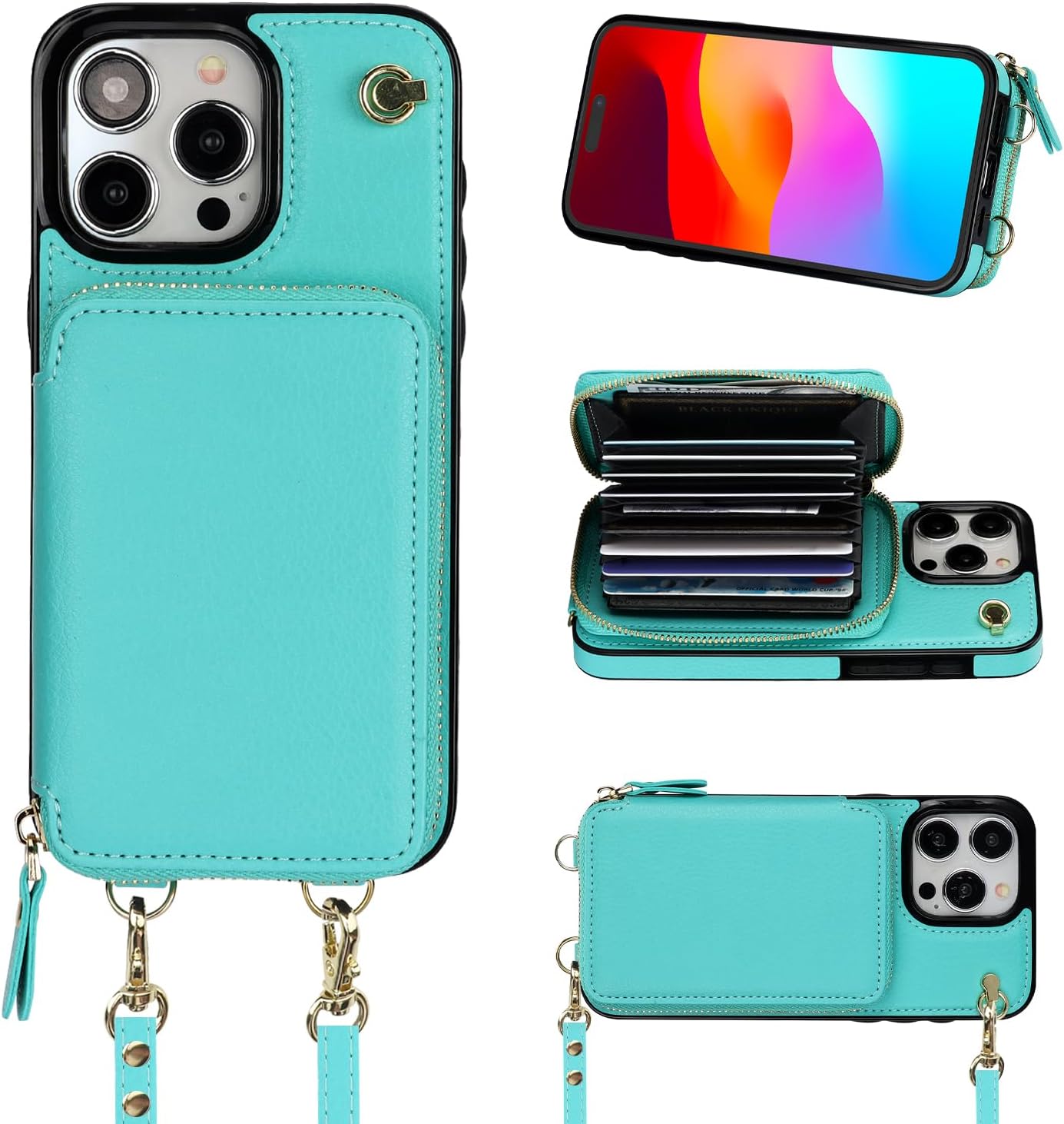 Bocasal Crossbody Wallet Case for iPhone 15 Pro Max - Mint Green