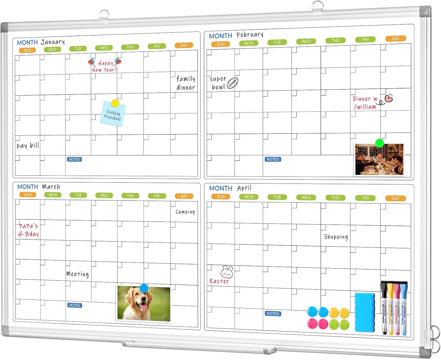 Dry Erase Calendar for Wall 4 Month Large Double-Sided Board