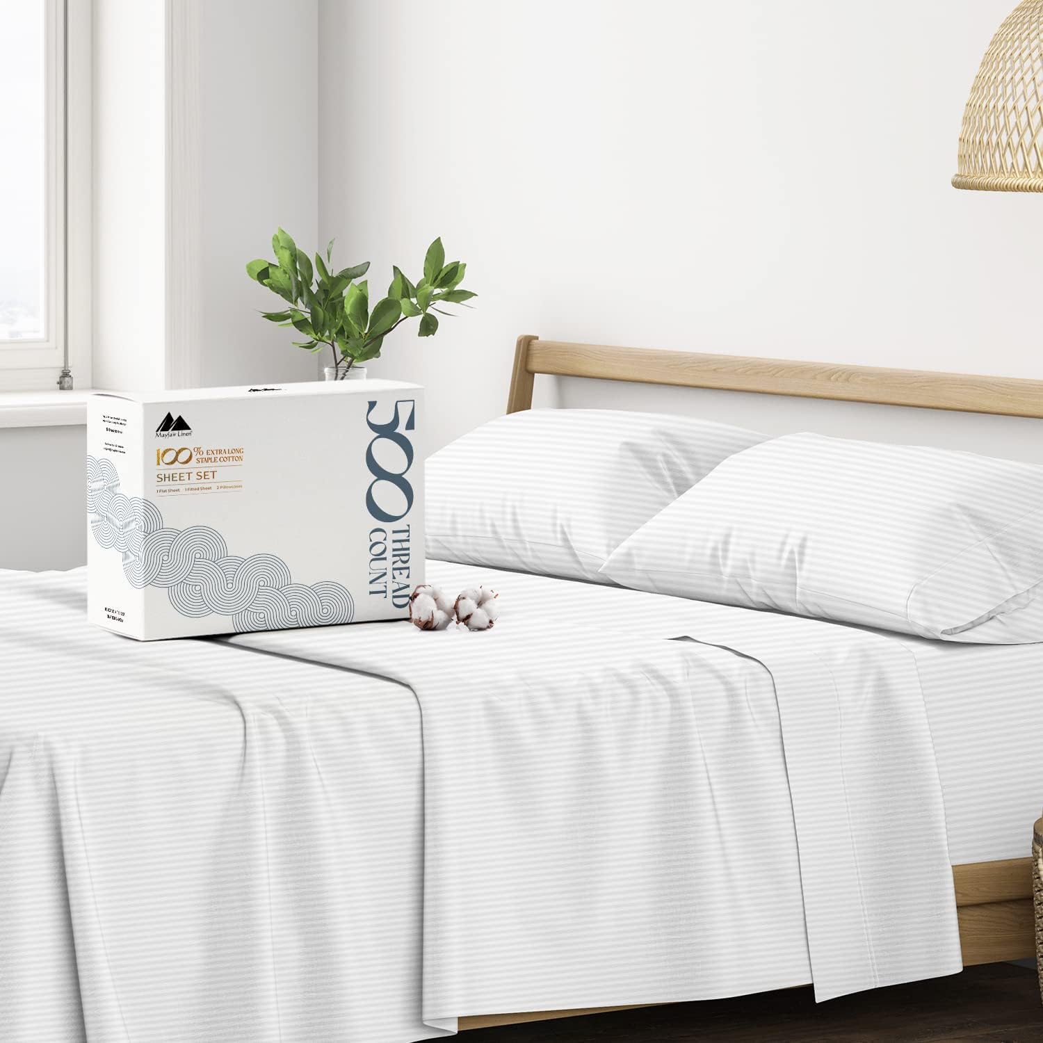 100% Cotton Striped Queen Size Bed Set - Soft & Cooling Sheets
