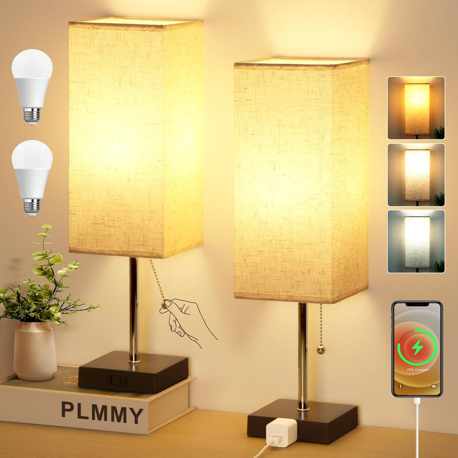 Table Lamp for Bedroom Set of 2 with 3 Color Temperatures