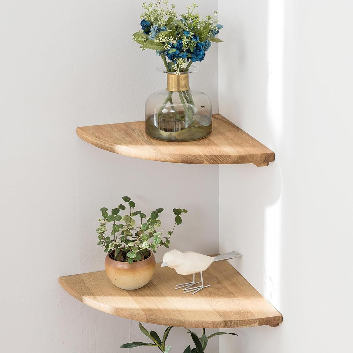 Floating Corner Shelves Set of 2 Solid Oak Wood for Home Use