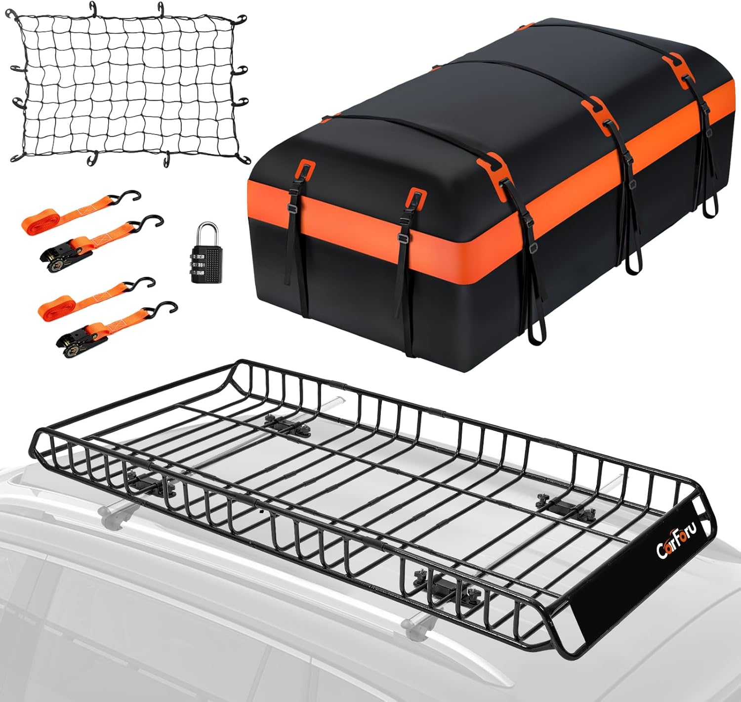 Carforu 250LB Capacity Roof Rack & 30ft Waterproof Cargo Bag Set