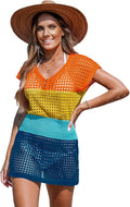CUPSHE Women Crochet Swim Cover Up Short Sleeve V Neck
