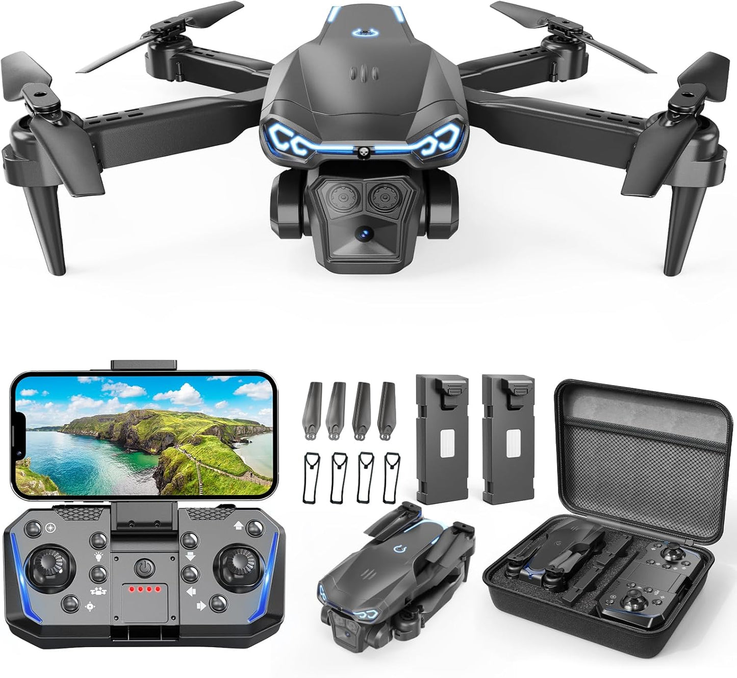 1080P HD Camera Drone, FPV, One-Key Take Off/Landing, 3D Flips, Altitude Hold, Headless Mode, 2 Batteries
