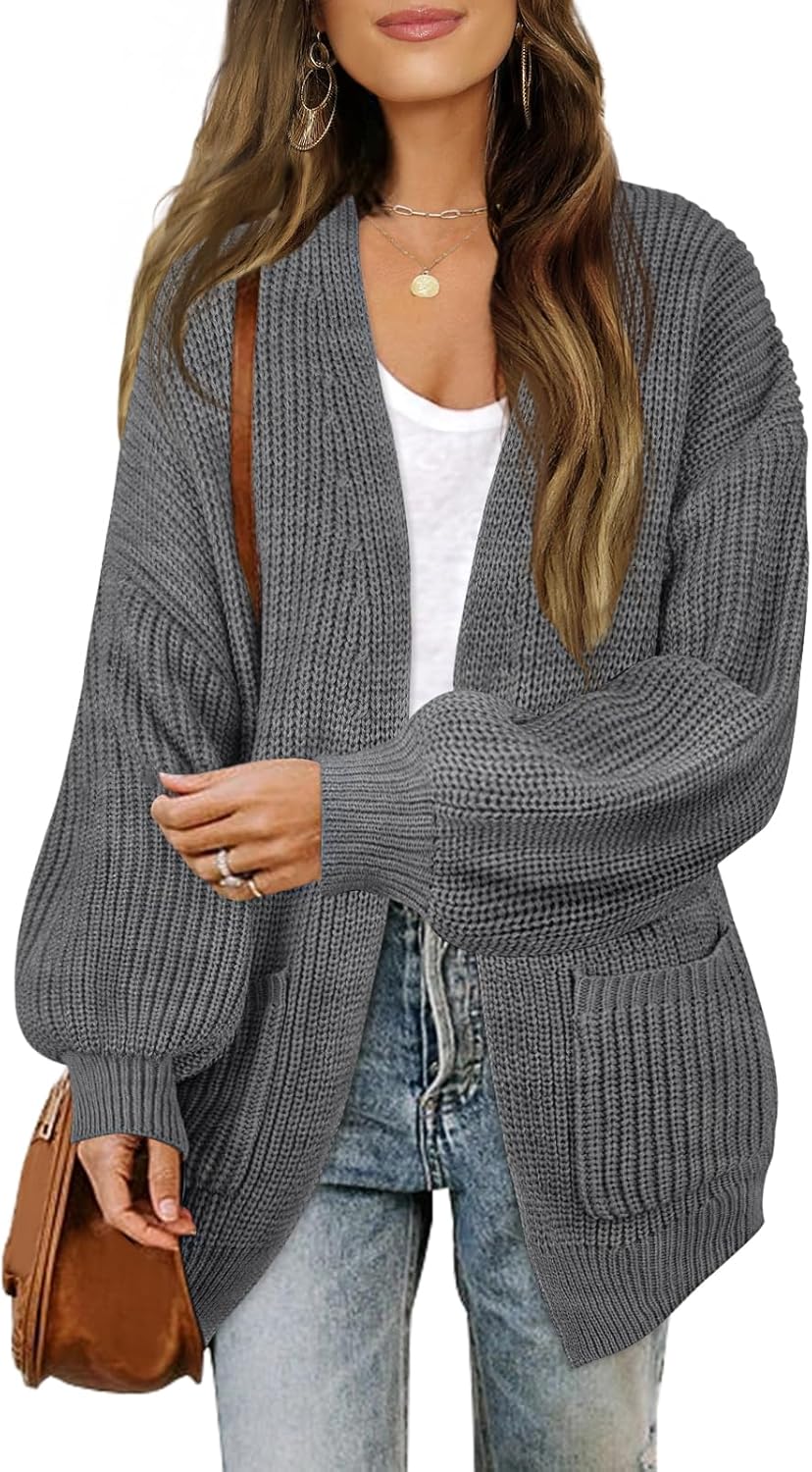 MEROKEETY Women's Fall Open Front Long Lantern Sleeve Cardigan