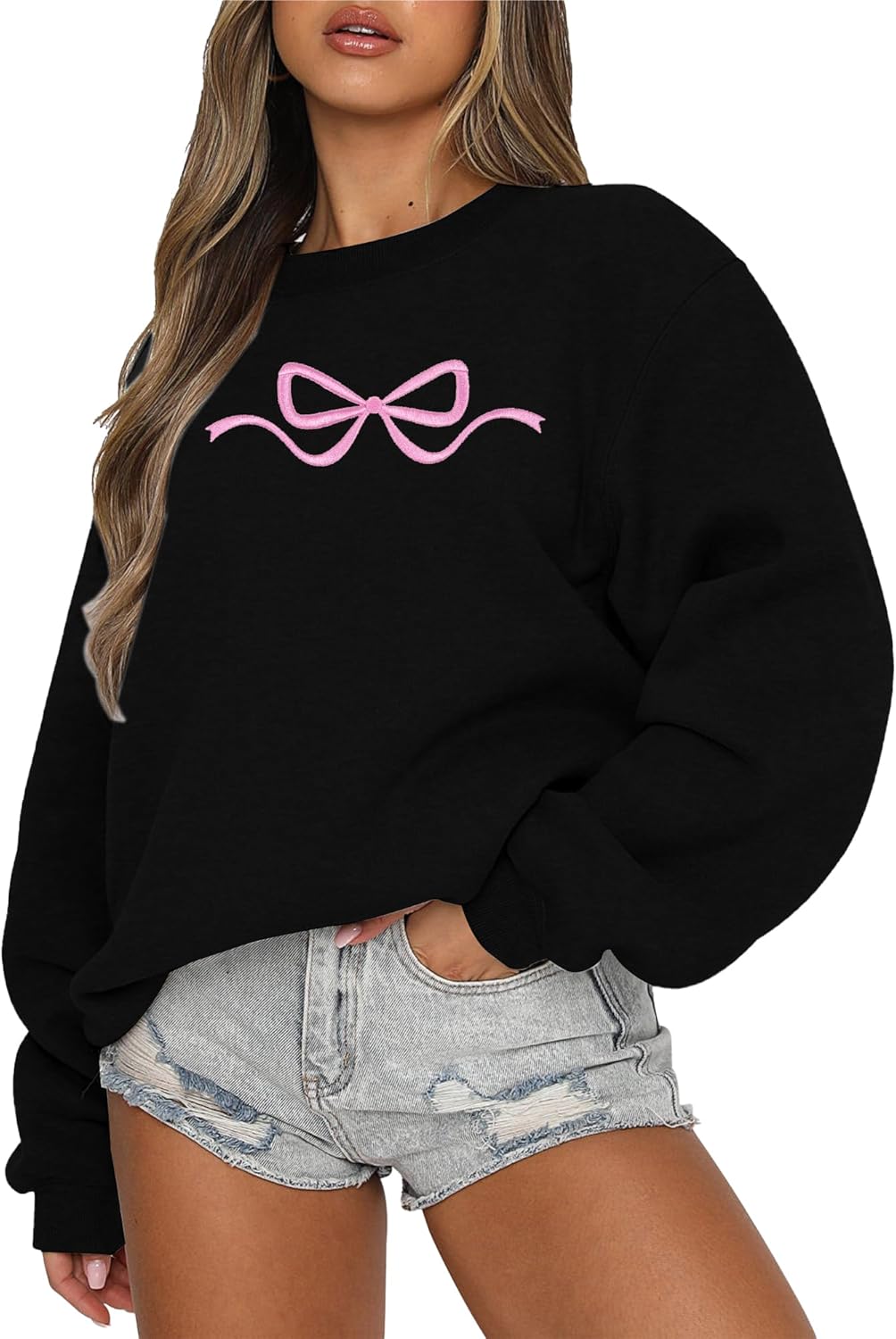 Embroidered Bow Sweatshirt - Clean Girl Aesthetic