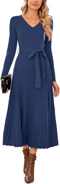 Wool Blend Tie Waist Pleated Fall Sweater Dress - Flattering Comfort