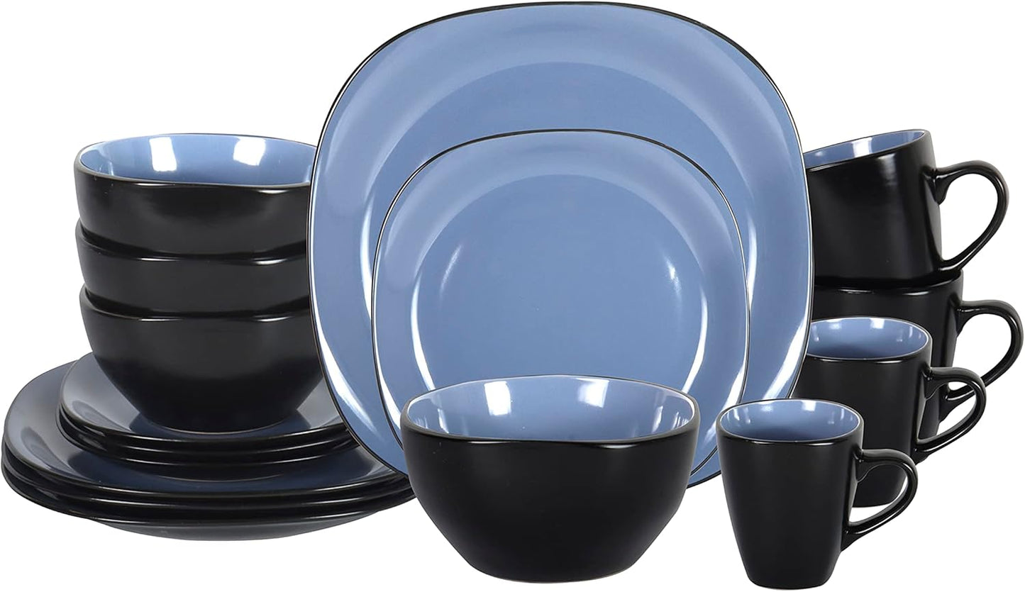 Stoneware Square 16pc Dinnerware Set in Shiny Blue & Matte Black