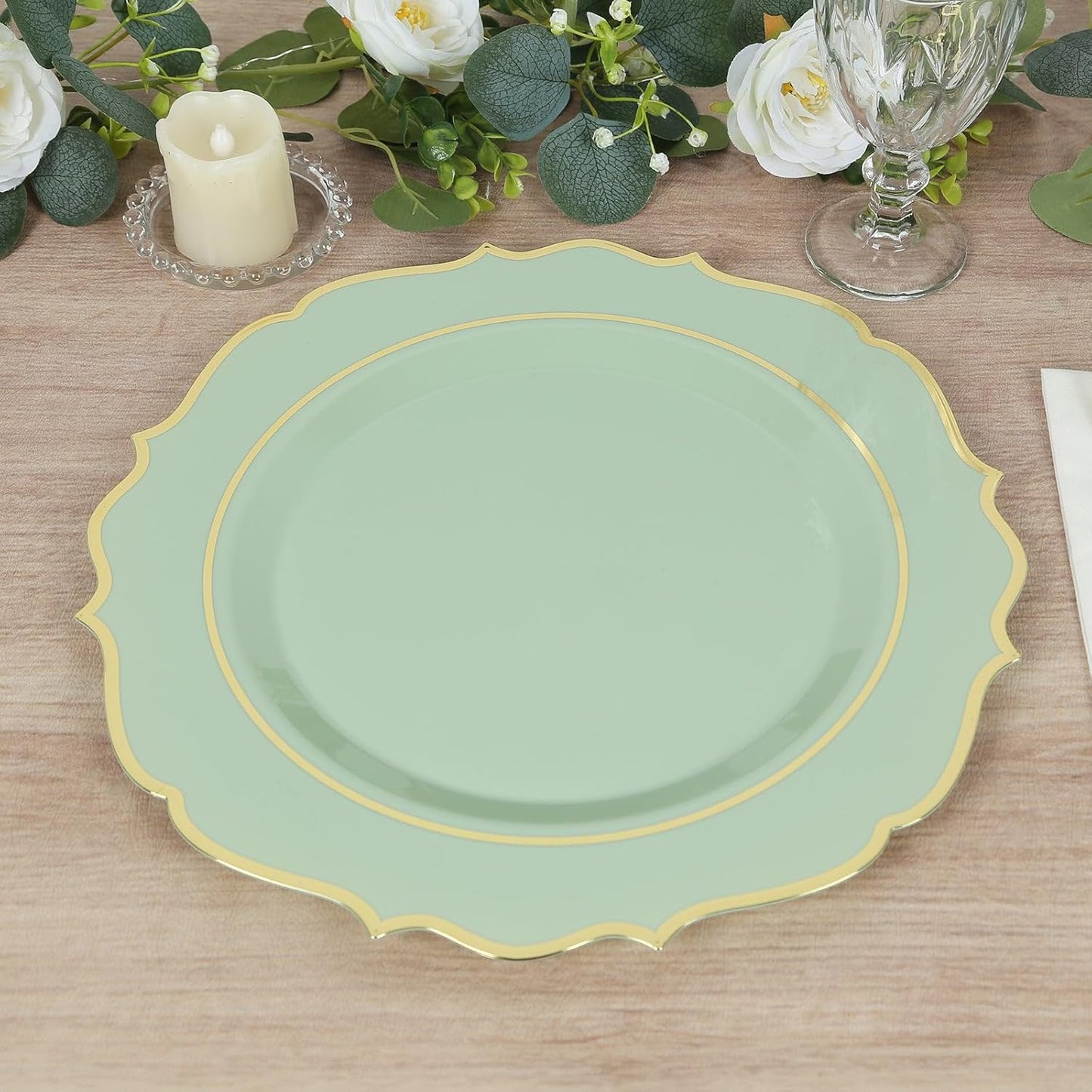 10-Pack Sage Green Plastic Charger Plates - Elegant Gold Rim - Event Tabletop Decor