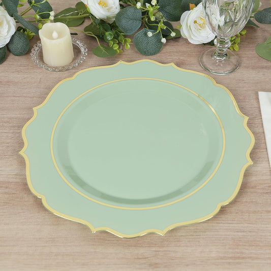10-Pack Sage Green Plastic Charger Plates - Elegant Gold Rim - Event Tabletop Decor