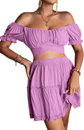 LYANER Women's 2 Piece Floral Off Shoulder Tie Up Crop (Style PZH2)