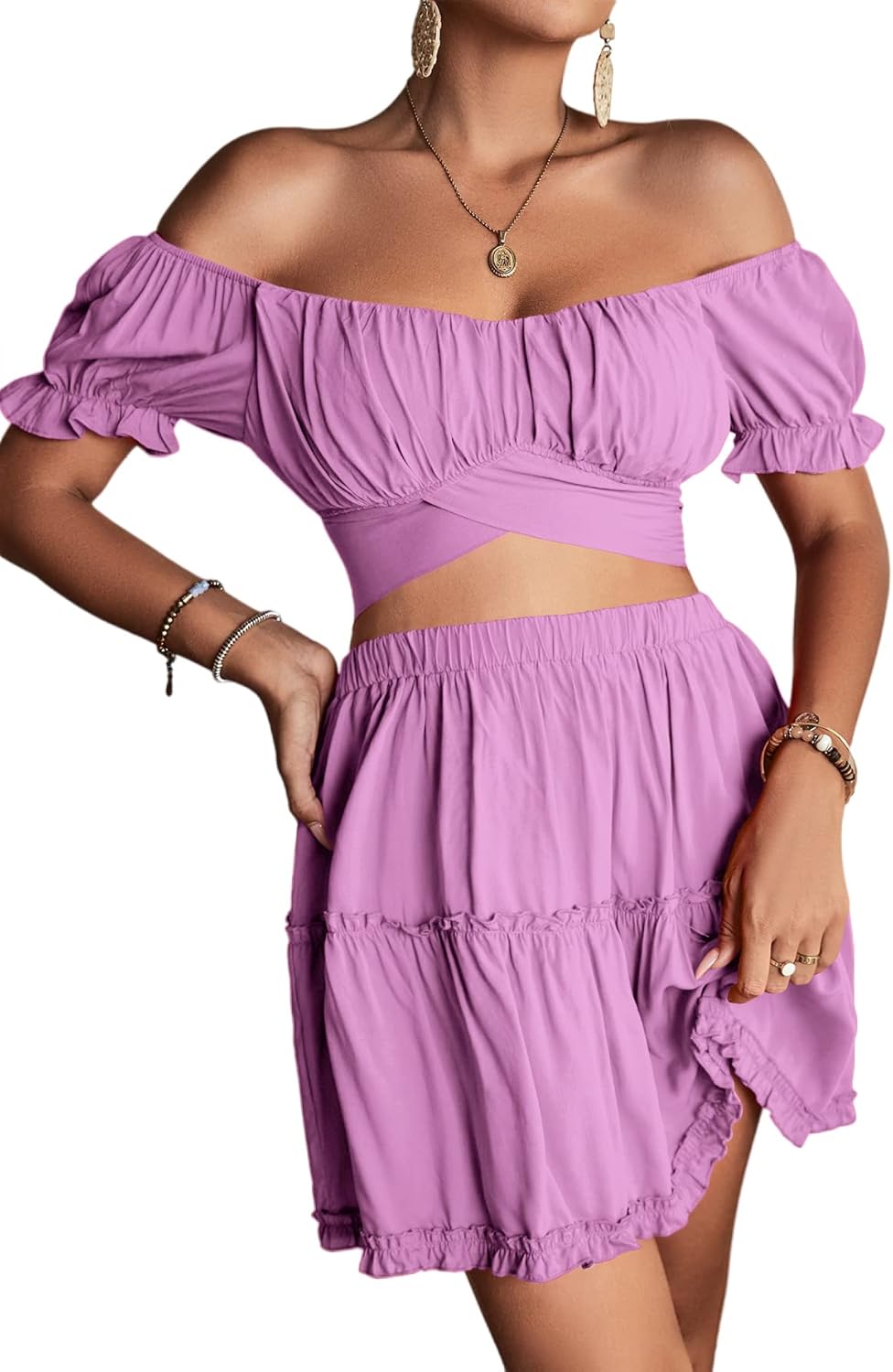 LYANER Women's Floral Off Shoulder Crop Top and Mini Skirt Set