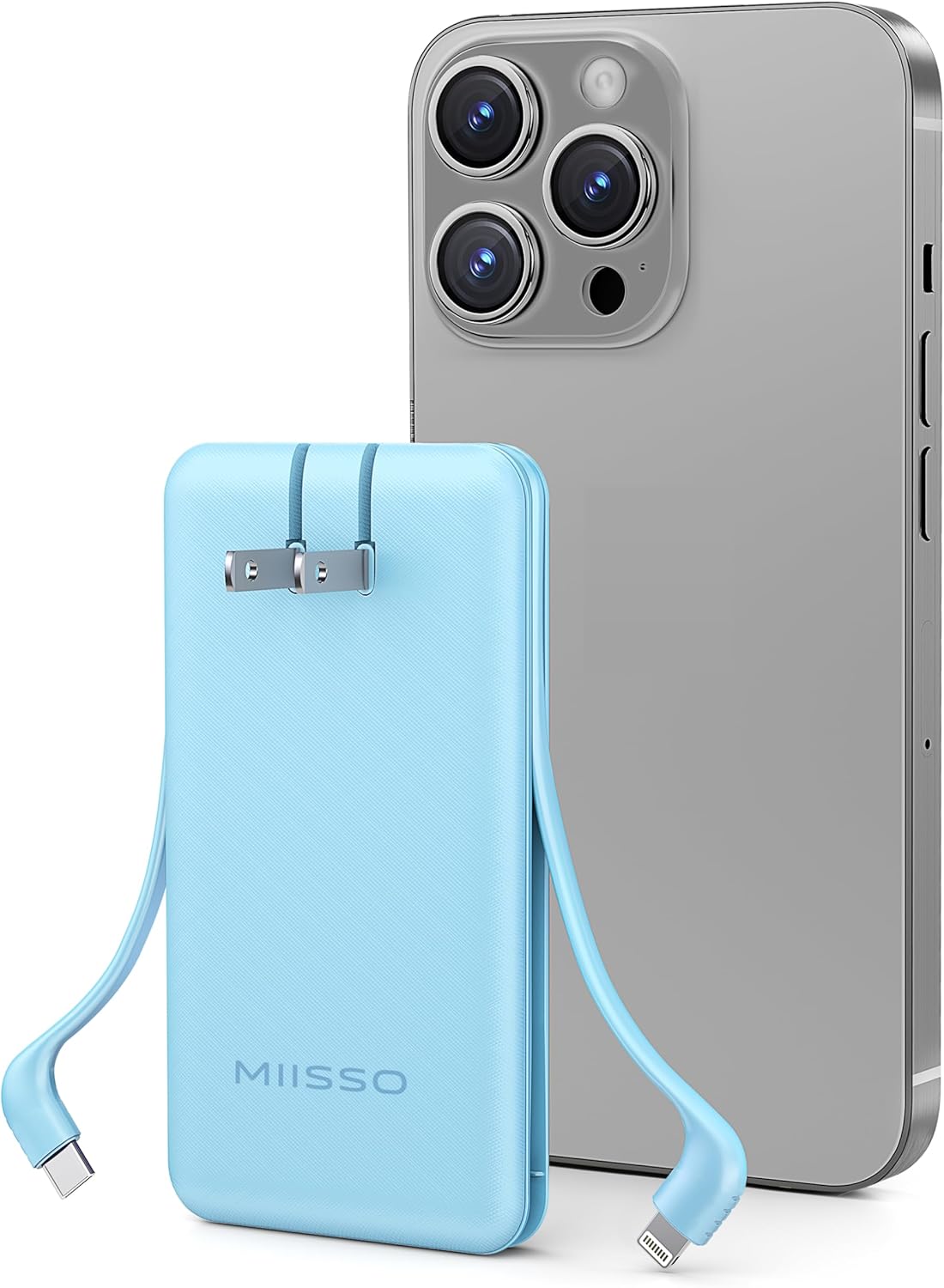 miisso Ultra Slim 10000mAh Power Bank with Built-in Cables and Foldable Plug, Blue