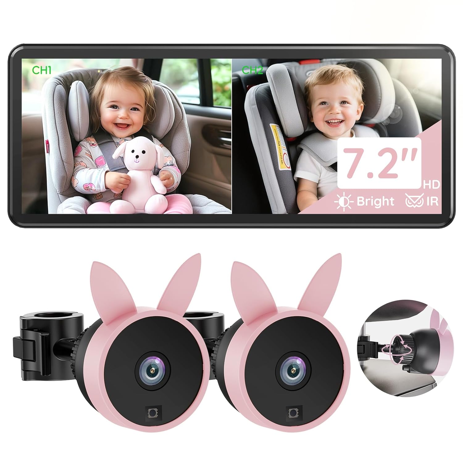 Dual Camera Baby Car Monitor with 7.2in HD Display for Safety