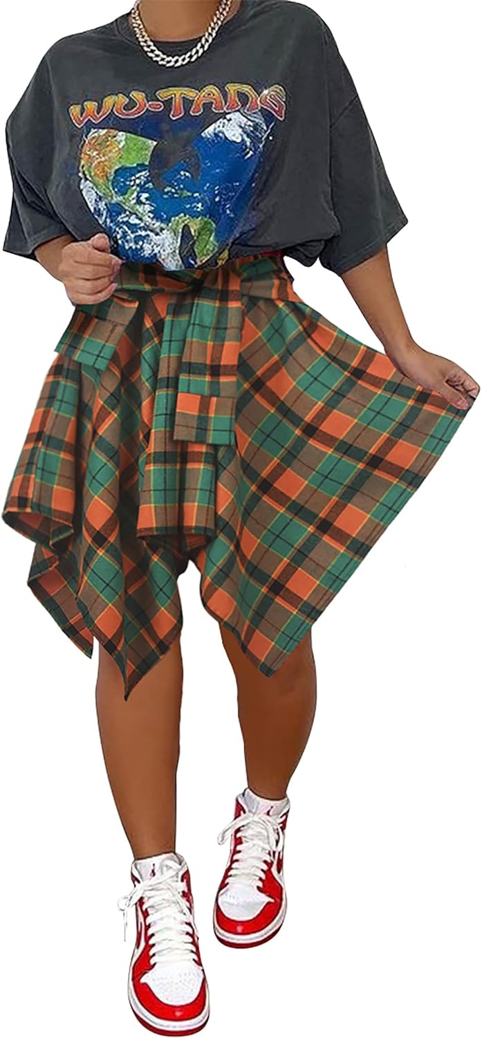 Women's Plaid Skirts High Waisted Knot Front Mini Skater Style